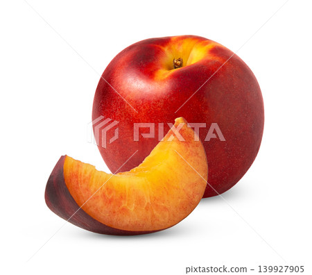 Nectarine or red peach whole and slice isolated on white background. 139927905