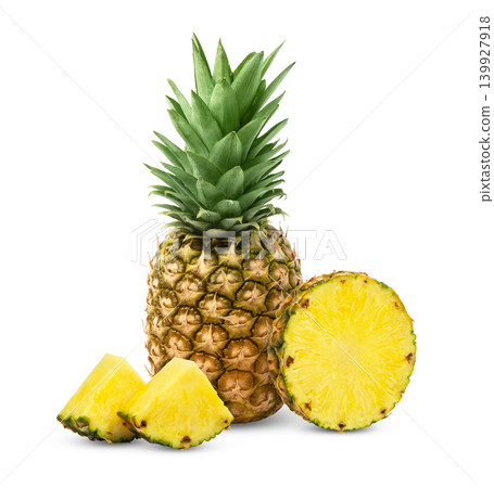 Juicy pineapple with slices isolated on white background. Isolated whole ananas and cut in a slice of ananas. Juicy pineapple with slices isolated on white background. Isolated whole ananas and cut in a slice of ananas. 139927918