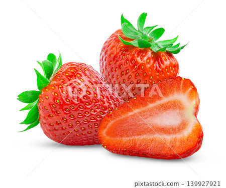 Isolated perfect strawberry. Whole strawberry and slice of strawberry. 139927921