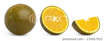 Collection of chocolate oranges isolated. Whole chocolate orange, half of chocolate orange and cut in a slice isolated on white. Collection of chocolate oranges isolated. Whole chocolate orange, half of chocolate orange and cut in a slice isolated on white. 139927922