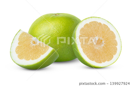 Green sweetie citrus fruit and slice with half of pomelit, pomelo or Oroblanco citrus fruit isolated. Green sweetie citrus fruit and slice with half of pomelit, pomelo or Oroblanco citrus fruit isolated. 139927924