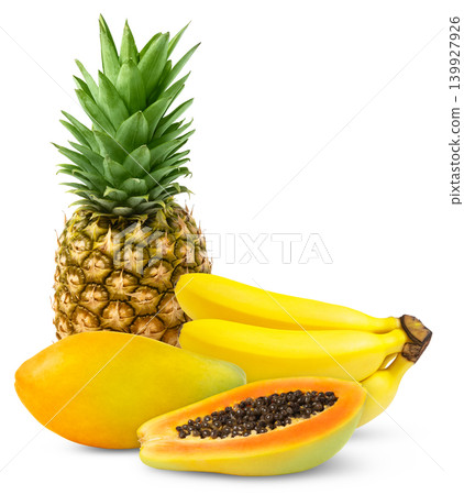 Multivitamin fruits isolated. Banana, papaya and half of papaya with pineapple isolate. Isolated tropical fruits. Multivitamin fruits isolated. Banana, papaya and half of papaya with pineapple isolate. Isolated tropical fruits. 139927926