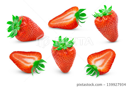 Ripe whole strawberry and slice of strawberry set isolated. Red organic strawberries collection. Ripe whole strawberry and slice of strawberry set isolated. Red organic strawberries collection. 139927934