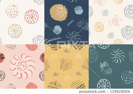 Ink Brush Abstract Doodle Pattern Set. Colorful Textured Circles on Navy Blue, Blush Pink and Mustard Yellow. Hand Drawn Marks for Fabric, Packaging and Gift Wrap. Bohemian Artisan Style. Ink Brush Abstract Doodle Pattern Set. Colorful Textured Circles on Navy Blue, Blush Pink and Mustard Yellow. Hand Drawn Marks for Fabric, Packaging and Gift Wrap. Bohemian Artisan Style. 139928009