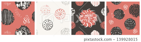 Hand Drawn Abstract Circle Seamless Pattern Set in Coral Red Black and Cream with Sketch Doodle Marks Collection Hand Drawn Abstract Circle Seamless Pattern Set in Coral Red Black and Cream with Sketch Doodle Marks Collection 139928015