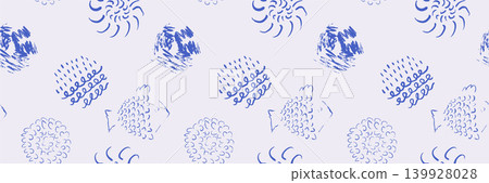 Hand Drawn Abstract Botanical Seamless Pattern on Light Lavender Background with Blue Spiral Doodle Motifs Hand Drawn Abstract Botanical Seamless Pattern on Light Lavender Background with Blue Spiral Doodle Motifs 139928028