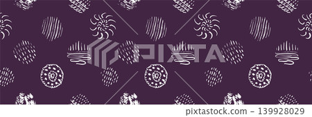 Ink Doodle Circle Seamless Pattern on Deep Plum Background. White Hand Drawn Textured Spots with Hatching, Swirls and Curls. Artisan Two-Tone Style for Fabric, Wallpaper and Packaging. 139928029
