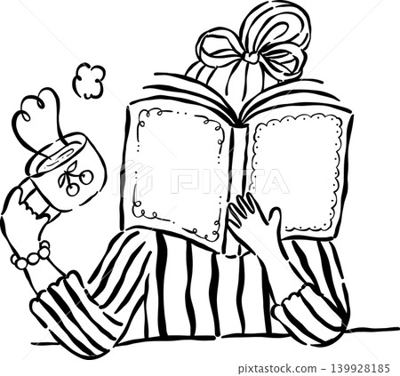 Preppy Bookish Outline Girl Reading Book with Coffee Whimsical Hand Drawn 139928185