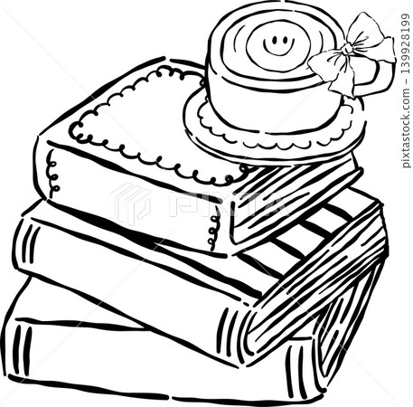 Preppy Coffee Bookish Outline Coffee Mug on Books Whimsical Sketchy Hand Drawn Preppy Coffee Bookish Outline Coffee Mug on Books Whimsical Sketchy Hand Drawn 139928199