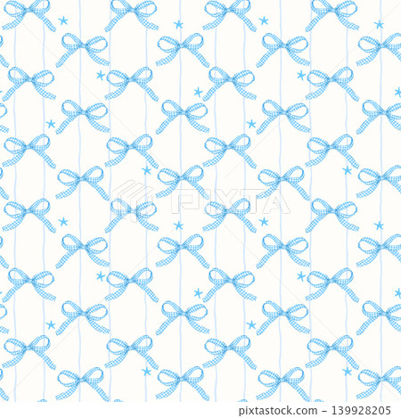 Festive Blue Gingham Ribbon Bow Seamless Pattern Repeating Isolated on Stripes Background Coquette Hand Drawn Retro Girly Aesthetic 139928205