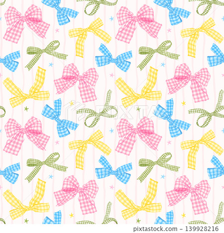 Whimsy Pastel Colorful Gingham Bow Seamless Pattern on stripes Background Whimsical Coquette Hand Drawn Retro Girly Aesthetic for Fabric and Wallpaper Whimsy Pastel Colorful Gingham Bow Seamless Pattern on stripes Background Whimsical Coquette Hand Drawn Retro Girly Aesthetic for Fabric and Wallpaper 139928216