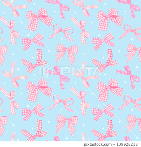 Whimsy Pastel Pink Gingham Ribbon Bow Seamless Pattern isolated on Blue Background 139928218