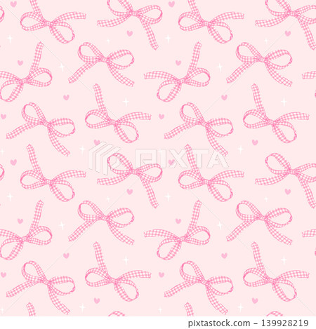 Whimsy Pastel Pink Gingham Ribbon Bow Seamless Pattern isolated on peach Background Whimsical Coquette Hand Drawn Retro Girly Aesthetic for Fabric and Wallpaper 139928219