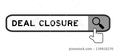 Search banner in word deal closure with hand over magnifier icon on white background Search banner in word deal closure with hand over magnifier icon on white background 139928270