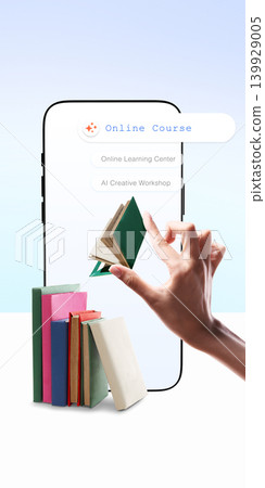 Online course browsing on phone with hand and colorful books. Online course browsing on phone with hand and colorful books. 139929005