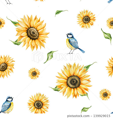 Watercolor seamless pattern with bright yellow sunflowers in warm autumn tones with blue tit perche. Botanical hand drawn illustration isolated on background. Ideal for seasonal, halloween, forest, or Watercolor seamless pattern with bright yellow sunflowers in warm autumn tones with blue tit perche. Botanical hand drawn illustration isolated on background. Ideal for seasonal, halloween, forest, or 139929015