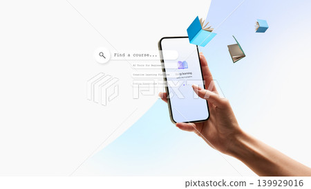 Hand holding smartphone with learning app search and floating books. 139929016