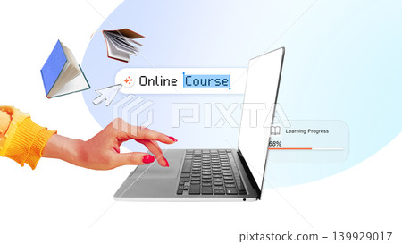 Online course interface with laptop and learning progress. Online course interface with laptop and learning progress. 139929017