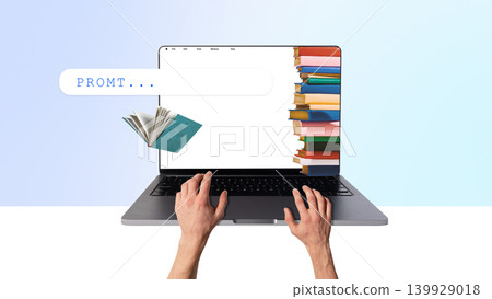 Hands using laptop with digital learning prompt and floating books. Hands using laptop with digital learning prompt and floating books. 139929018