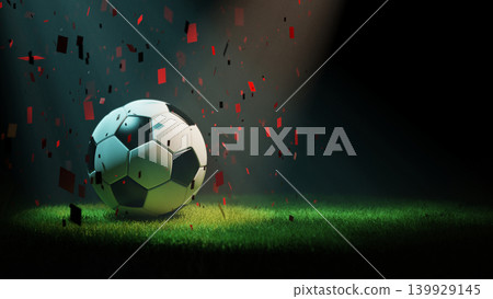 Soccer ball on grass field with confetti Soccer ball on grass field with confetti 139929145