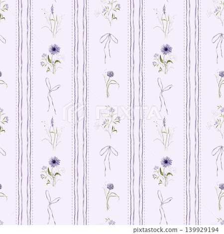Seamless pattern with illustration purple vertical stripes and bows and flowers. Repeat ornament with purple striped ribbons and bouquet violet wildflower: Echinacea or daisy, phlox, lavender. Seamless pattern with illustration purple vertical stripes and bows and flowers. Repeat ornament with purple striped ribbons and bouquet violet wildflower: Echinacea or daisy, phlox, lavender. 139929194