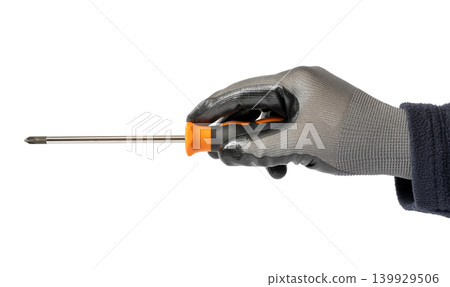 gloved hand holding a screwdriver celebrating labor day spirit isolated on white background gloved hand holding a screwdriver celebrating labor day spirit isolated on white background 139929506