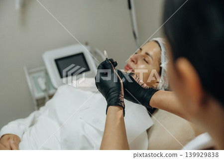 Ready to penetrate the skin. Cosmetologist performing a facial injection procedure in a beauty clinic Ready to penetrate the skin. Cosmetologist performing a facial injection procedure in a beauty clinic 139929838