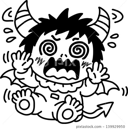 可愛又慵懶的小惡魔寶寶驚慌失措，眼睛亂轉——簡單的線條藝術插圖 139929950