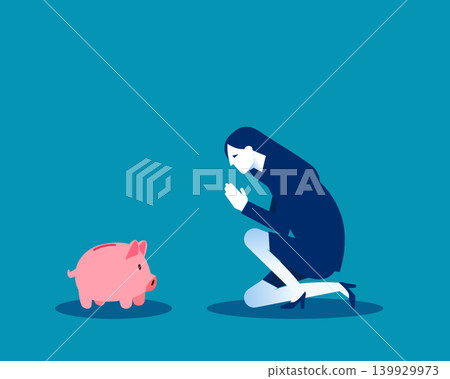 FInancial. A businesswoman is kneeling and praying to a piggy bank 139929973