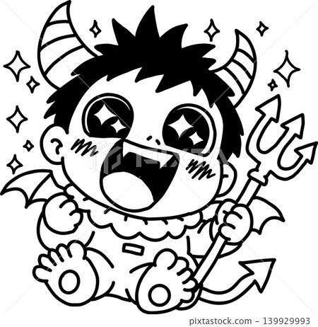可愛的小惡魔寶寶,眼睛閃閃發光,表情喜悅,簡潔的線條藝術插圖。 可愛的小惡魔寶寶,眼睛閃閃發光,表情喜悅,簡潔的線條藝術插圖。 139929993