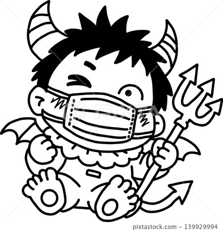 Cute and laid-back devil character, wearing a mask, winking, trident, simple line art illustration. 139929994