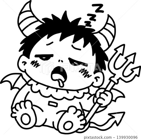 Cute little devil baby, sleepy, Z mark, trident, simple line art illustration Cute little devil baby, sleepy, Z mark, trident, simple line art illustration 139930096