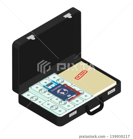 Isometric open suitcase containing money, secret documents and passports belonging to a spy caught at border in customs inspection zone. Isolated cartoon vector on white background top view Isometric open suitcase containing money, secret documents and passports belonging to a spy caught at border in customs inspection zone. Isolated cartoon vector on white background top view 139930217