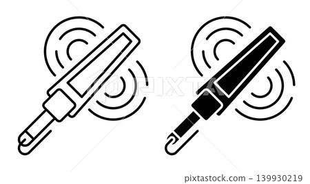 Linear icon. Portable hand held scanner for searching and detecting prohibited items in a passenger pockets and luggage. Simple black and white vector symbol isolated on white background Linear icon. Portable hand held scanner for searching and detecting prohibited items in a passenger pockets and luggage. Simple black and white vector symbol isolated on white background 139930219