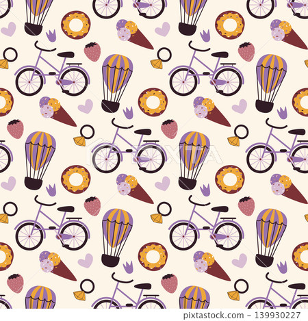 colorful children seamless pattern with bike, sweets and air balloon colorful children seamless pattern with bike, sweets and air balloon 139930227