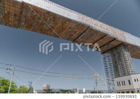 Elevated bridge scaffolding construction site urban infrastructure highway under construction bridge construction building structure 139930693