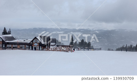 Breckenridge Ski Resort Colorado Snow Covered Terrain Park and Mountain Lodge Buildings in Winter  139930709