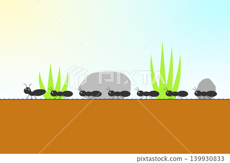 An illustration of a line of ants walking on the ground. An illustration of a line of ants walking on the ground. 139930833