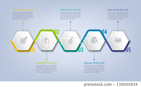 Business infographic template with step or option design. Infographics six options. Diagram with hexagons. Vector design. Business infographic template with step or option design. Infographics six options. Diagram with hexagons. Vector design. 139930834