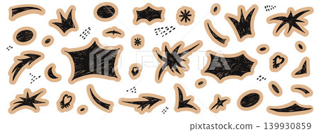 Bang paper cutout with hand drawn pencil texture for scrapbook journal. Geometric star, abstract crowns and papercut shapes in beige collage. Vector bang cutout set on white background isolated Bang paper cutout with hand drawn pencil texture for scrapbook journal. Geometric star, abstract crowns and papercut shapes in beige collage. Vector bang cutout set on white background isolated 139930859