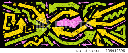 Bold arrow and chalk crayon with hand drawn neon shape and thick doodle figure. Yellow green and pink scribble pointer turn marks on dark. Vector bold arrow set isolated for collage and school design Bold arrow and chalk crayon with hand drawn neon shape and thick doodle figure. Yellow green and pink scribble pointer turn marks on dark. Vector bold arrow set isolated for collage and school design 139930898