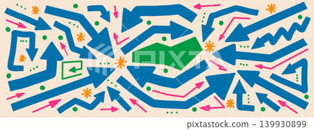 Flat arrow and bold direction silhouette set with annotation playful element and thick pointer doodle. Blue pink and green turn highlight shape on cream beige bg. Vector flat arrow isolated Flat arrow and bold direction silhouette set with annotation playful element and thick pointer doodle. Blue pink and green turn highlight shape on cream beige bg. Vector flat arrow isolated 139930899