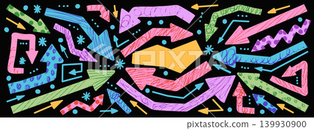 Collage arrow and colorful bold pointers set with paper cutout for annotation element. Patterned papercut shape and scribble marks on dark. Vector collage arrows isolated for playful creative design Collage arrow and colorful bold pointers set with paper cutout for annotation element. Patterned papercut shape and scribble marks on dark. Vector collage arrows isolated for playful creative design 139930900