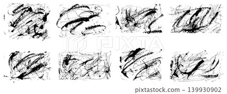Dynamic brush scribble set with tangled lines and rough ink splash. Chaotic brush paint stroke with scribble doodle and messy scratch. Grunge vector background for poster print and punk graphic Dynamic brush scribble set with tangled lines and rough ink splash. Chaotic brush paint stroke with scribble doodle and messy scratch. Grunge vector background for poster print and punk graphic 139930902