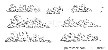 Vintage sky clouds with birds sketchy. Hand-drawn cloud engraving-inspired line art with retro pencil texture. Vector graphic for creative outdoor design concepts isolated on transparent background Vintage sky clouds with birds sketchy. Hand-drawn cloud engraving-inspired line art with retro pencil texture. Vector graphic for creative outdoor design concepts isolated on transparent background 139930903