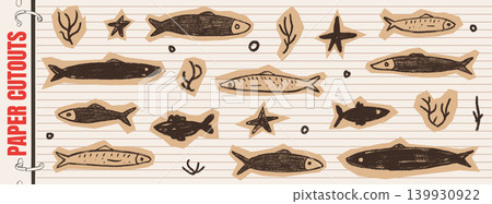Paper cutout fish texture for craft scrapbook and card design. Crayon sardine doodle collage with shell and starfish silhouette. Vector paper cutout set for nautical or summer notebook poster isolated Paper cutout fish texture for craft scrapbook and card design. Crayon sardine doodle collage with shell and starfish silhouette. Vector paper cutout set for nautical or summer notebook poster isolated 139930922
