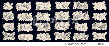 Chalk blobs and labels set. Cloudy fluffy crayon frame and white shape with label bubble. Cream undulate sticker with scallop edges. Promo cloud scribble and icon frame doodles. Vector fluffy labels 139930928