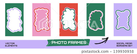 Story frame with funky wavy clouds on rectangle for organic social media post and groovy quotation card. Scalloped border and hand drawn doodle cadre in retro vibe. Vector story frames for callout set Story frame with funky wavy clouds on rectangle for organic social media post and groovy quotation card. Scalloped border and hand drawn doodle cadre in retro vibe. Vector story frames for callout set 139930938