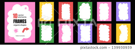 Kid frame set with bold border for cute photo card and fun party template. Wavy cloudy shape with hand drawn doodle form in bright hues. Vector kid frame pack for zine collage or journal, music flyer Kid frame set with bold border for cute photo card and fun party template. Wavy cloudy shape with hand drawn doodle form in bright hues. Vector kid frame pack for zine collage or journal, music flyer 139930939