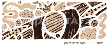 Collage shape organic abstract with geometric pattern figures in grunge texture dots. Beige and white papercut cutout paper arrows and circles for scrapbook. Vector childish sketch set Collage shape organic abstract with geometric pattern figures in grunge texture dots. Beige and white papercut cutout paper arrows and circles for scrapbook. Vector childish sketch set 139930946